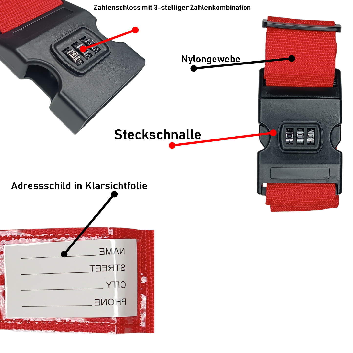 Reise Set Koffergurt mit Kofferschloss und Kofferschild 3er Set Urlaubs Set