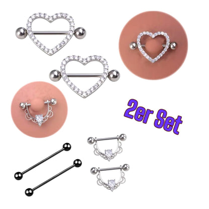 2er Set Nippelpiercing Herz Schild Silber Schwarz