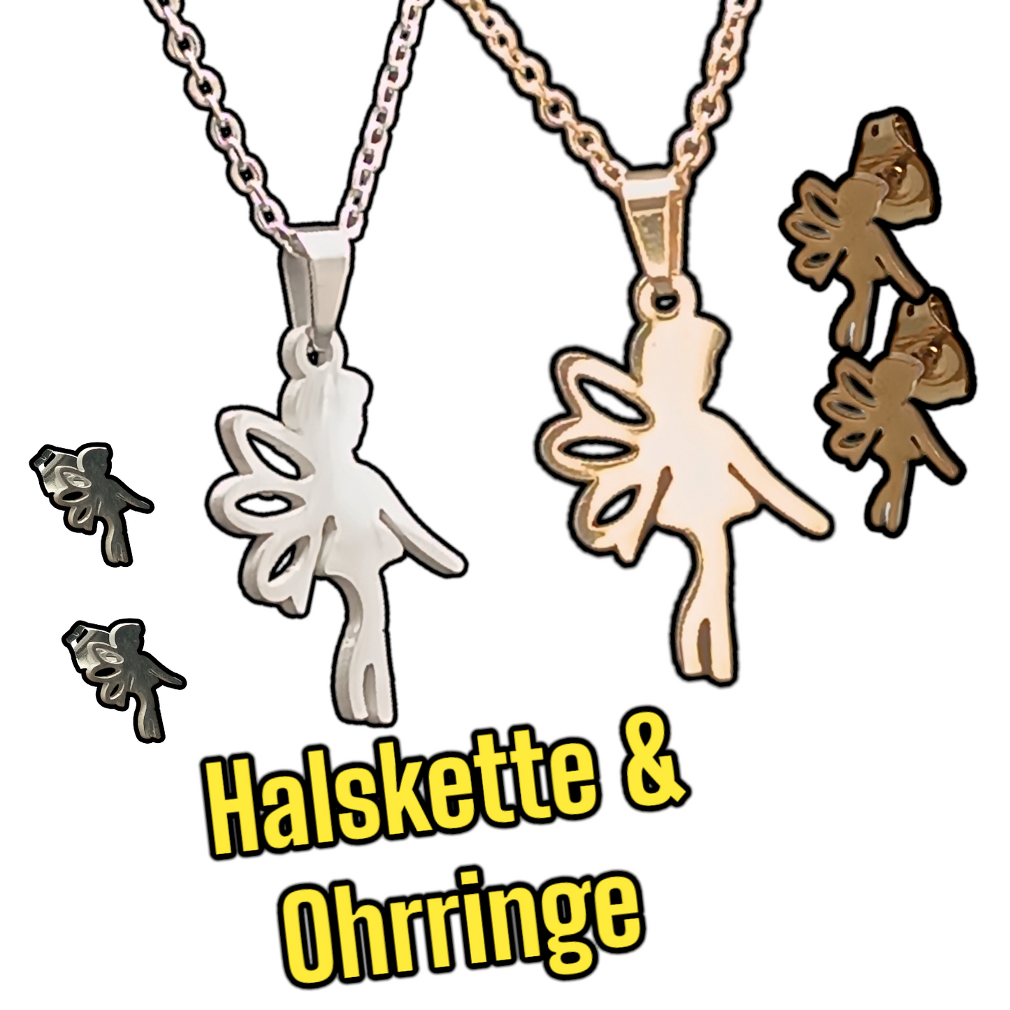 Damen Halskette Fee Elfe mit Ohrringe Silber, Gold, Kette aus Edelstahl